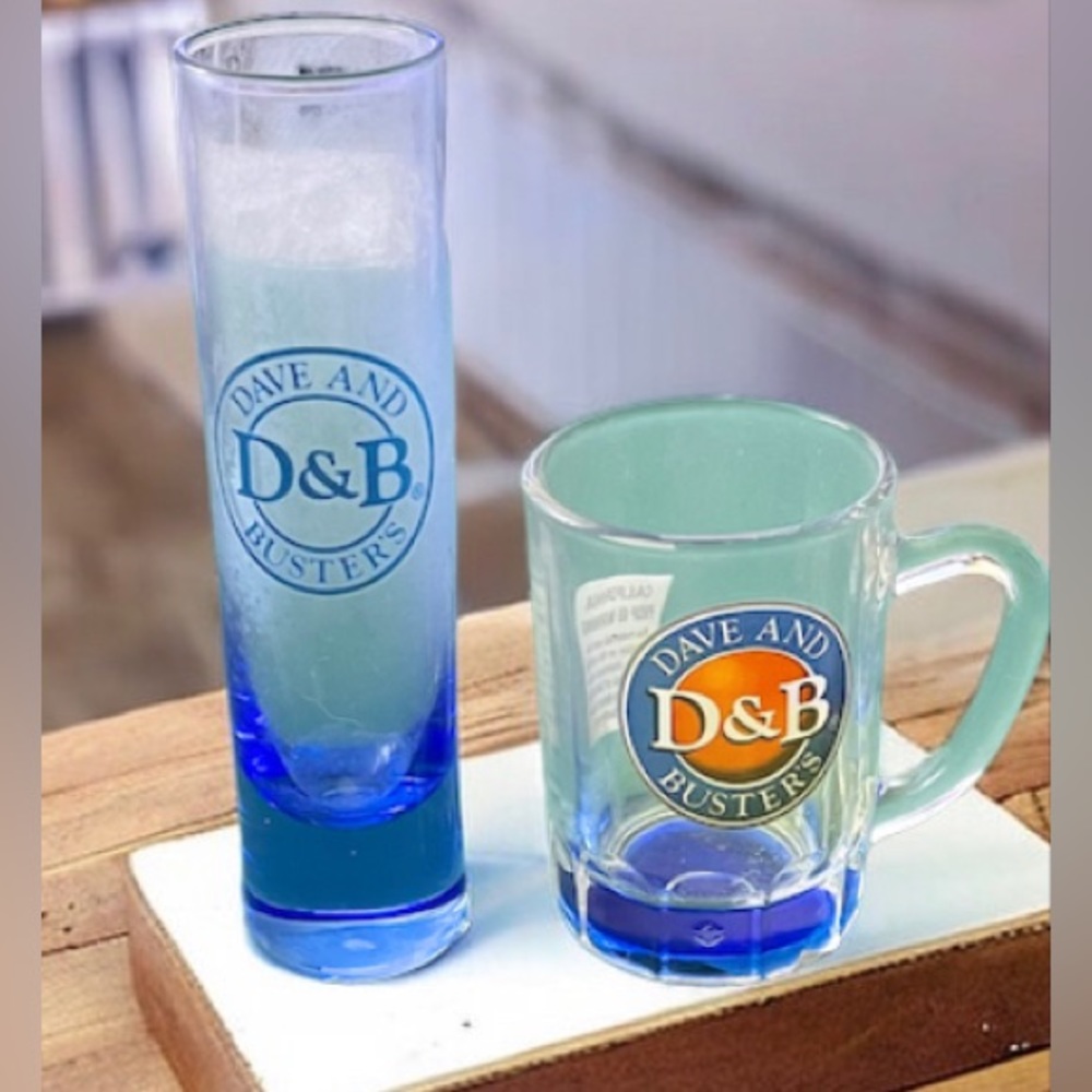 Set of 3 Dave & Busters Blue Tint Tall Glass 5", mini 2 1/4” &  2 3/4" Mini Mug
